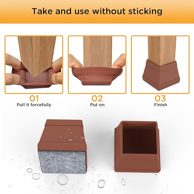 16 PCS Square Chair Leg Floor Protector, Silicone Chair Leg Cover, Furniture Leg Protectors with Felt, Mobile Table Leg Pad, Protect The Floor from Scratches.2 in Brown.