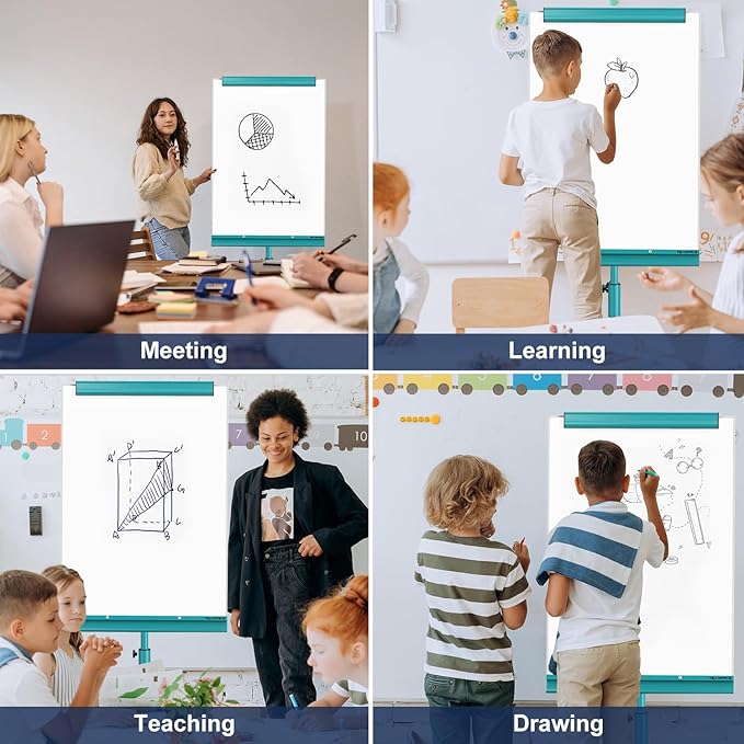 TSJ OFFICE Rolling Whiteboard Standing - 40 x 26 Inches Magnetic Mobile White Board with Stand, Height Adjustable Dry Erase Board on Wheels with Paper Clamp on Top, Blue