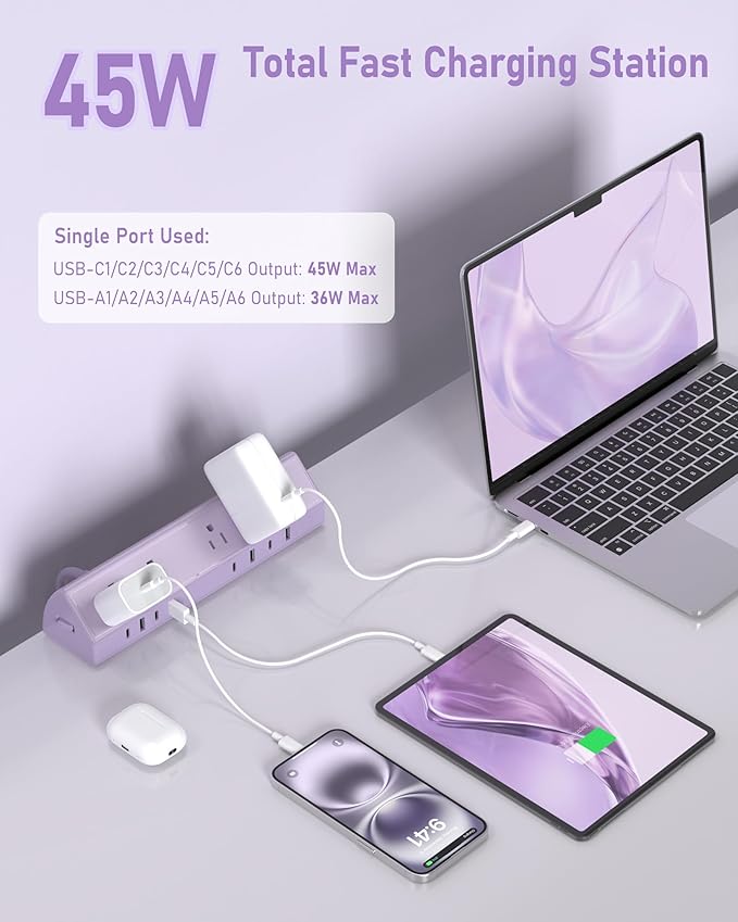 Jgstkcity Desk Clamp Power Strip,45W Fast Charging Station,4 USB-C,4 USB-A,1200J Surge Protector,ETL Listed,1875W Extension Cord,Multiple Outlets for Home, Office (Purple, 10 FT Cable)