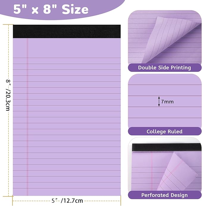 Thboxes 8 Packs Small Note Pads 5x8, Color Legal Pad 5x8 College Ruled Small Legal Pad Perforated Lined Writing Pads for Home, Study, Office, To-Do Lists, 50 Sheet/notepad, Multicolor