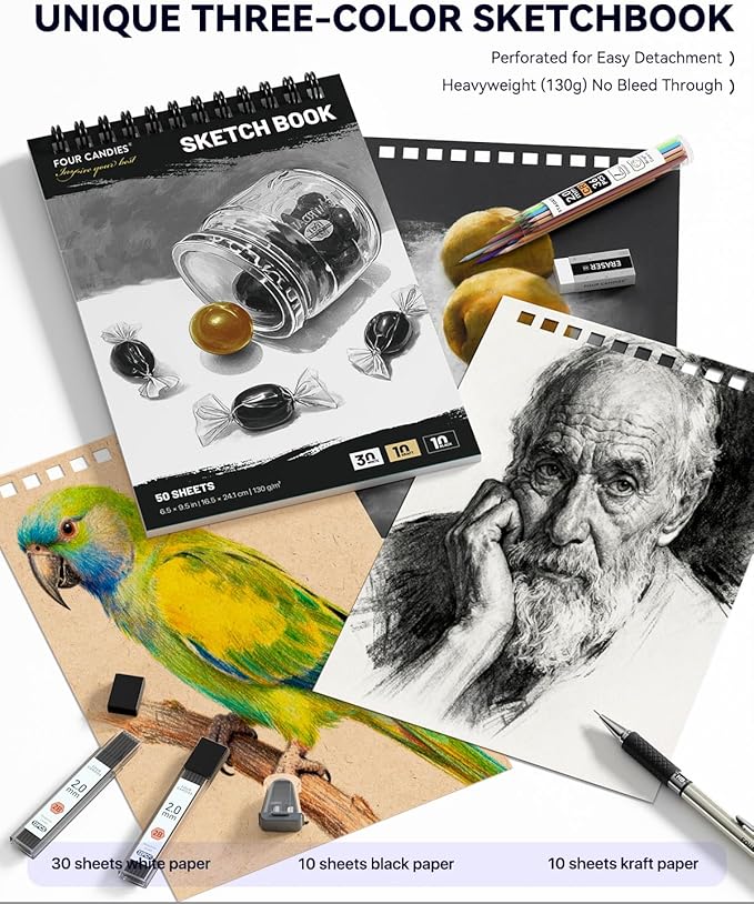 Four Candies 52pcs Art Supplies Sketching & Drawing Kit with 10 Micron Fineliner Pens, 6 Drafting Mechanical Pencils,3-Color Sketchbook,27 Lead Refills,School Supplies Gifts for Beginners Adults Teens