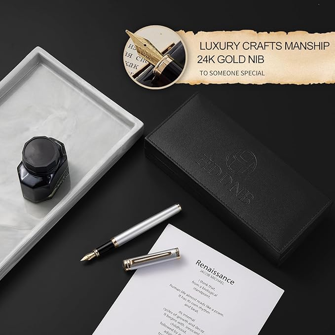 HDDNB Silver Luxury Fountain Pen Set for Men and Women with Gift Box, 24K Gold Finish and Gilded Nib(Extra Fine) with 5 Black Ink Cartridges and Converter
