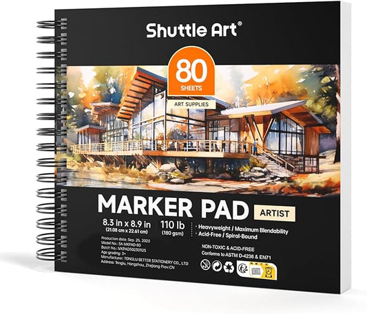 Shuttle Art Marker Pad, 8.3”x8.9” Portable Square Sketchbook, 80 Sheets Marker Drawing Paper, 110LB/180GSM Bleedproof Art Paper, Spiral-Bound, Great for Professional Artist to Draw, Paint & Sketch