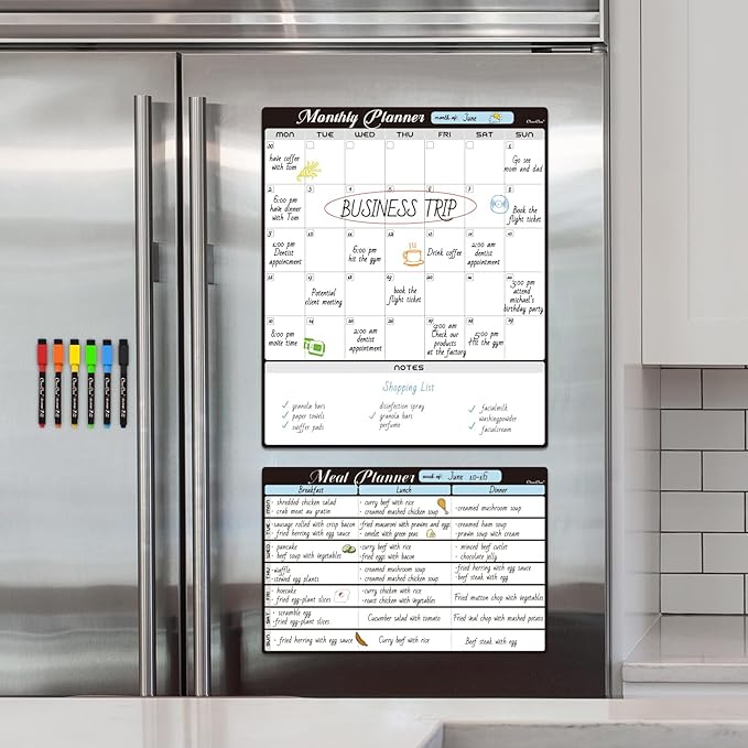 Magnetic Dry Erase Monthly Calendar Set - 15.5"x13" Monthly Calendar and 8.5"x13" Menu Board for Fridge - 6 Extra Fine Point Markers Included - Shipped Flat