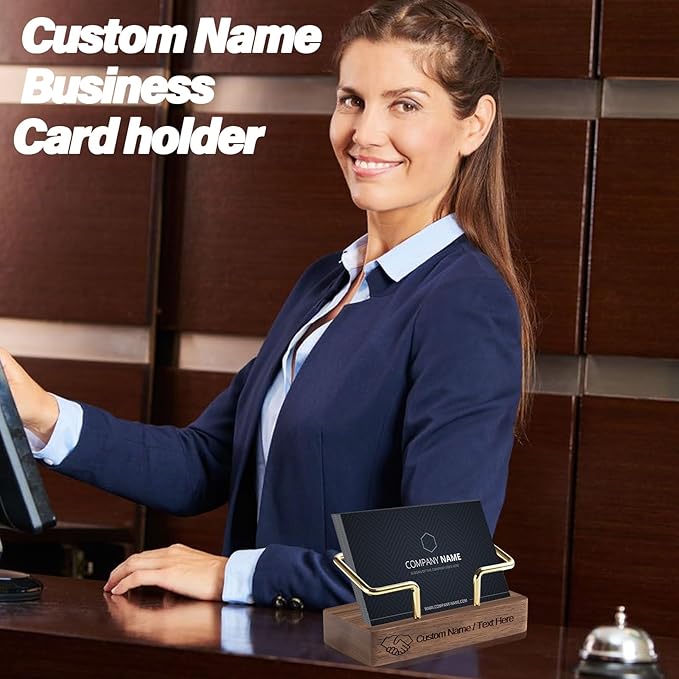 HJX Custom Business Card Holder Desk-Personalized Engraved Wooden Business Card Case Holder, Customized Name Logo Business Card Display Gifts for Men Women (Black - Walnut)