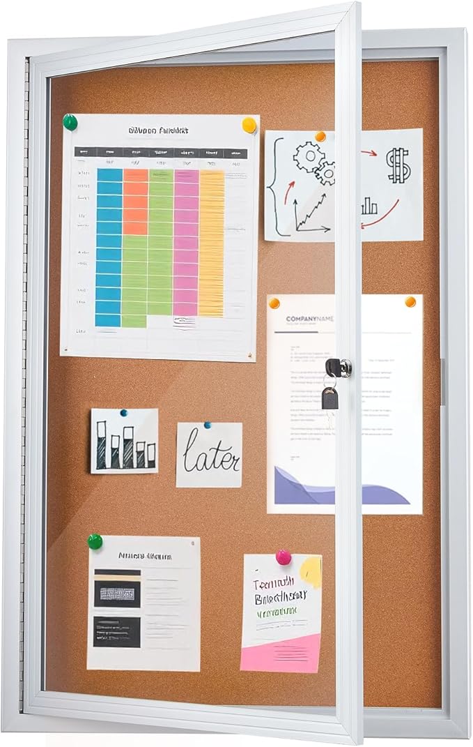 Homezelle Enclosed Cork Bulletin Board 36"x24" Outdoor Weatherproof Cork Noticeboard with Locking Door Wall-Mounted Silver Aluminium Frame for Home, School, Office, Community, Hospital