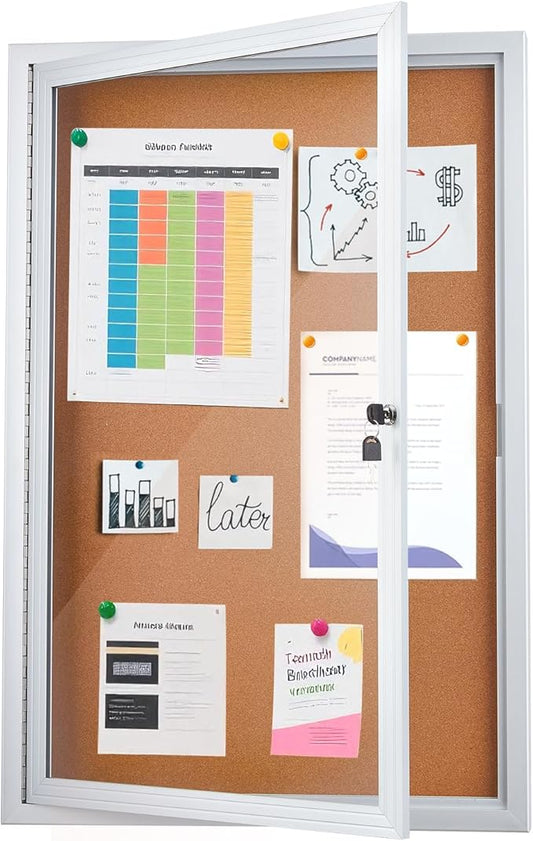 Homezelle Enclosed Cork Bulletin Board 36"x24" Outdoor Weatherproof Cork Noticeboard with Locking Door Wall-Mounted Silver Aluminium Frame for Home, School, Office, Community, Hospital