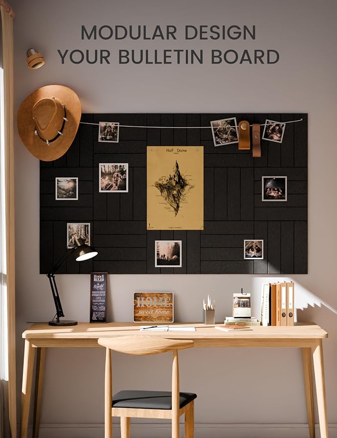Fluxynara Felt Bulletin Board Tiles Large 36" x 24" Cork Board Alternative-6 Pack with 40 Adhesive Tabs, Thick Slat Wall Panels for Office Decor, Push Pin Board Wall Organizer Alternative - Black