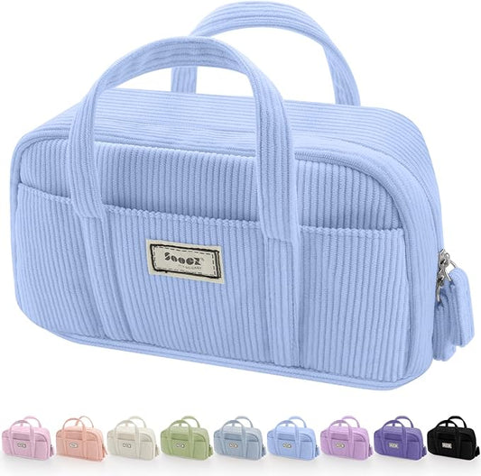 Sooez Large Pencil Case Pouch, Extra Big Pencil Bag with 5 Compartments, Pen Bag Wide Opening, Soft Corduroy Pencil Pouch Organizer with Zipper, Cute Aesthetic School Supplies for Girls-Light Blue