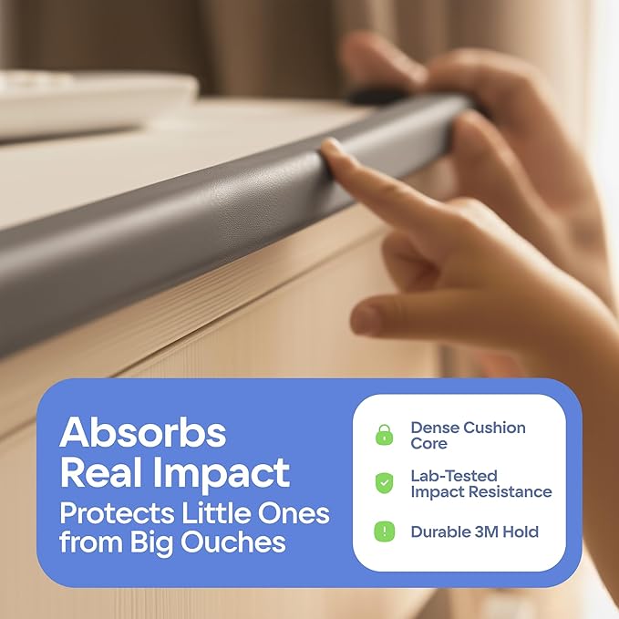 Baby Proof Corners 20.4ft and Edges with Furniture Corner & Edge Safety Bumpers, Impact-Absorbent 18ft Bumper & 8 Foam Corner Protectors, Thick, Odorless Table Edge Protectors for Baby | Grey