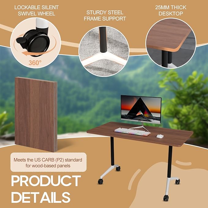 Folding Conference Table 4ft 5ft, Foldable Office Meeting Desk for 6 People, Multiple Sizes Colors Mobile Conference Room Table for Training Room School Business Furniture (6, Walnut, 63in)