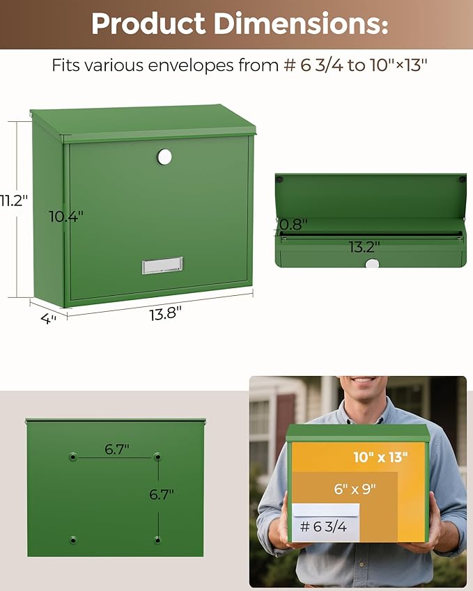 LAND·VOI Locking Wall-Mount Mailbox for Outside, with 4 Keys, Galvanized Steel Rustproof Metal Postbox, 4" Dx13.8 Wx11.2 H, Includes 3 Sets of Mailbox Numbers, Nameplate, Green