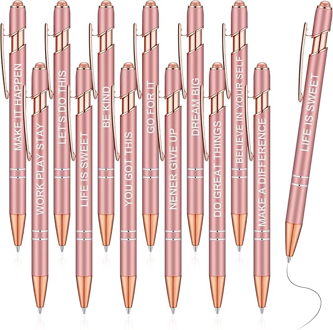 Zonon 12 Pcs Inspirational Pens Bulk Funny Ballpoint Pen with Stylus Tip Motivational Gifts for Valentine's Day Teacher Coworkers Nurse School Office Supplies(Rose Gold,Motivational Style)