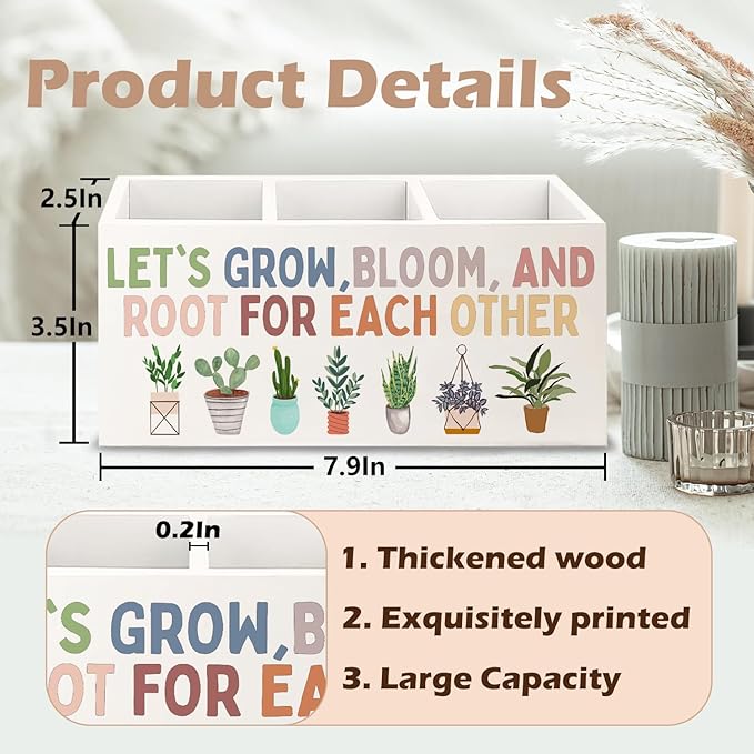 URLLUAE Boho Plant Classroom Wooden Pen Pencil Holder for Office Desk Accessories, Back to School Supplies for Students College Boys Girls Teachers First Day of School, Let's Root for Each Other