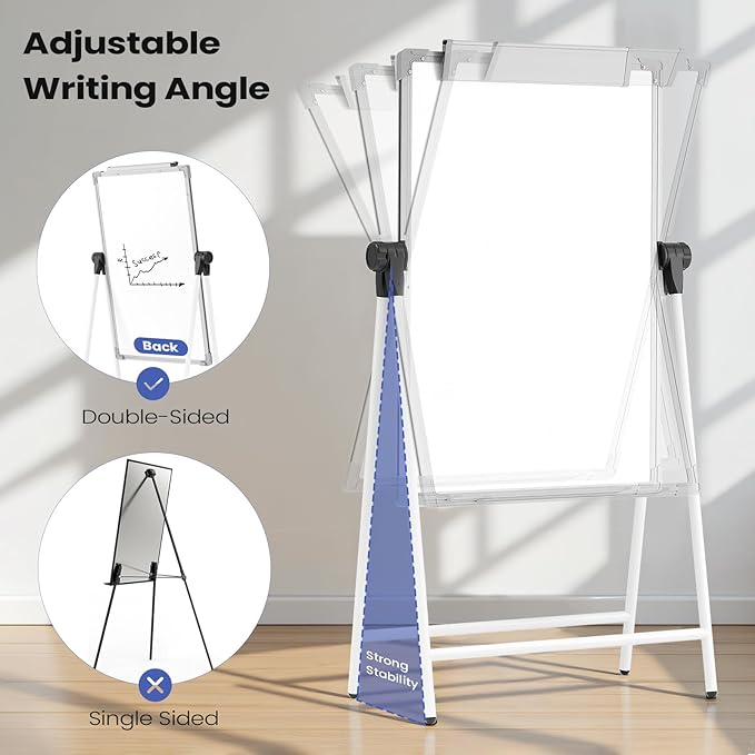 Lumspax Large Double Sided White Board with Stands, 40" x 28" A-Stand Dry Erase Board Easel, Portable Flip Chart Easel with Height Adjustable Design for Home, School, Office