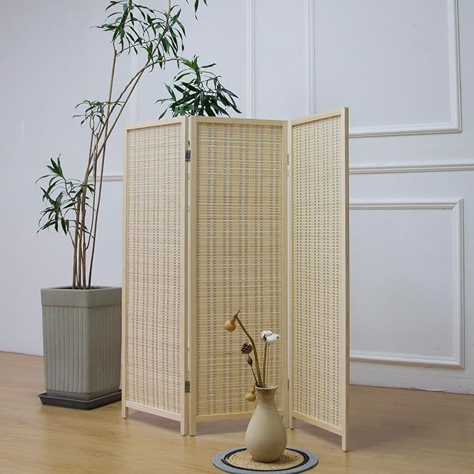 Furnnylane 3 Panel Short Room Divider Screen,Beige Freestanding Partition,Small Bamboo Panel Divider for Room Seperation,3.95 FT Tall