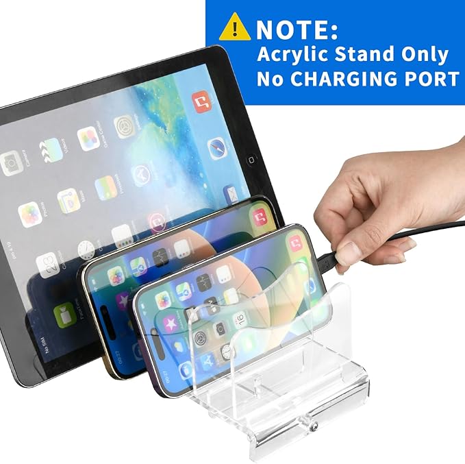 CaSZLUTION Acrylic Multi Device Organizer Stand Base for Portable Charger Power Banks, 4 Slots Desktop Storage Holder Compatible with USB Battery Pack, Phones and Tablets (Stand Only) - Clear