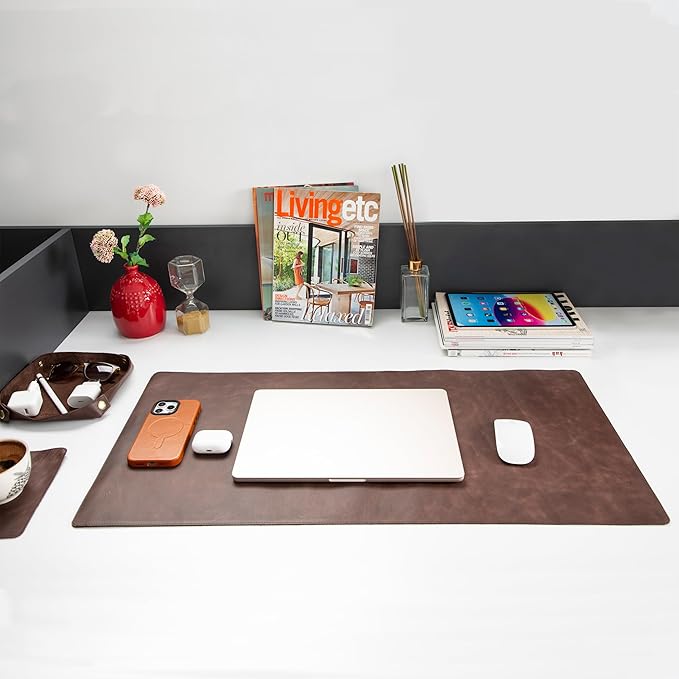 Node Leather - Genuine Leather Desk Mat (32" x 16"), Desk Organizer & Cup Coaster - Leather Office Set - Premium Handmade Office Accessories for Elegant Workspace - Dark Brown