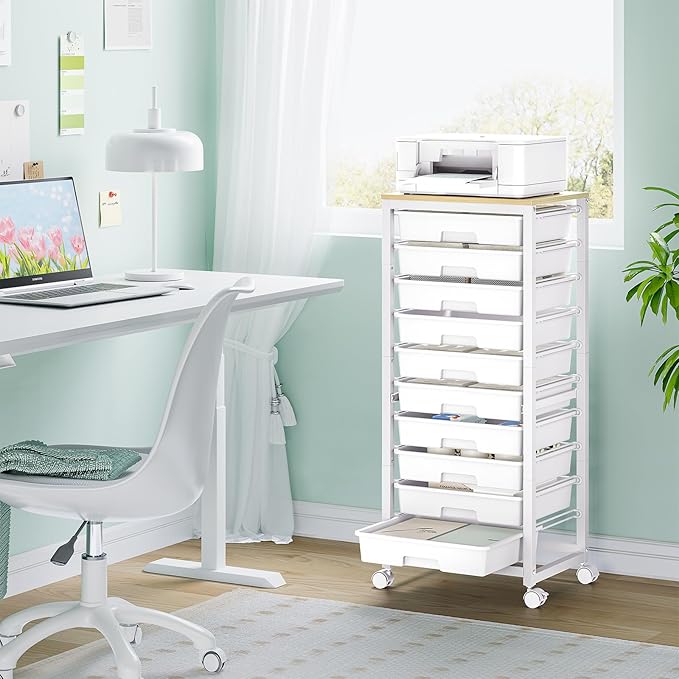 SYKIARIOL Rolling Cart with Drawers,10 Drawer Rolling Cart,Rolling storage cart with drawers,White Rolling Drawer Cart,Teacher Rolling Cart for Classroom Storage,Craft Cart with Wooden Tabletop