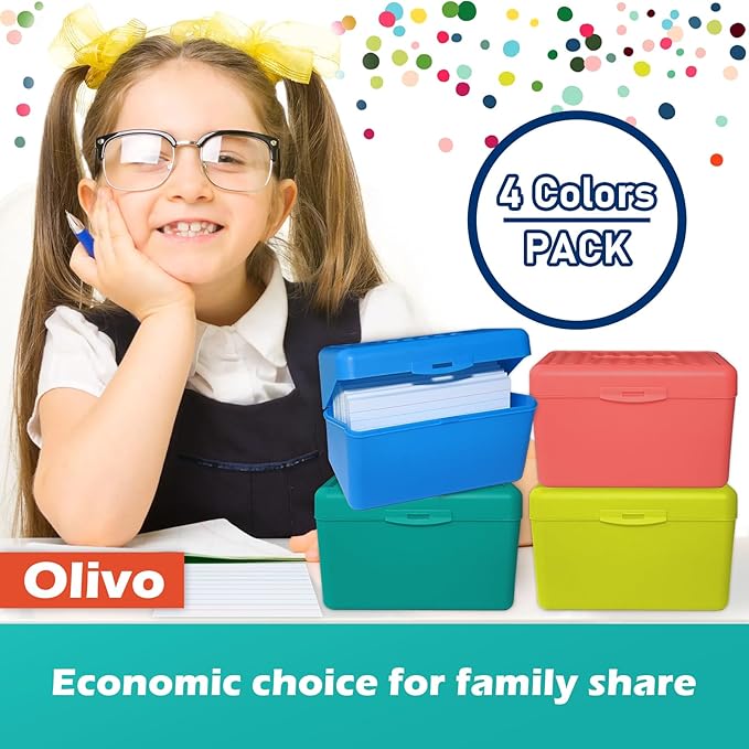 Olivo Index Card Holder Box 3x5 Flash Note Card Holder Storage File Box Organizer Case for 3"x5" Cards, 4 Colors Pack