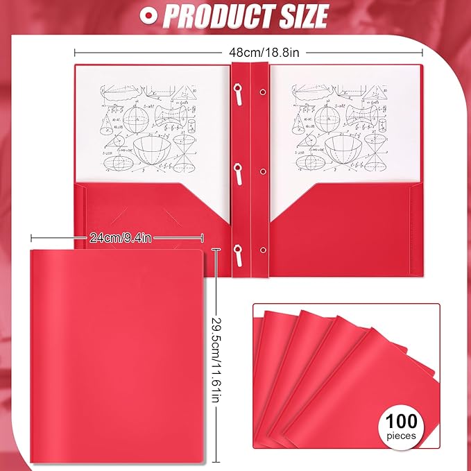 Lincia 100 Pcs Plastic Folders with Pockets and Prong Folders with Prongs 2 Pockets for Office, School for Students, Teachers, Office Workers(Red)