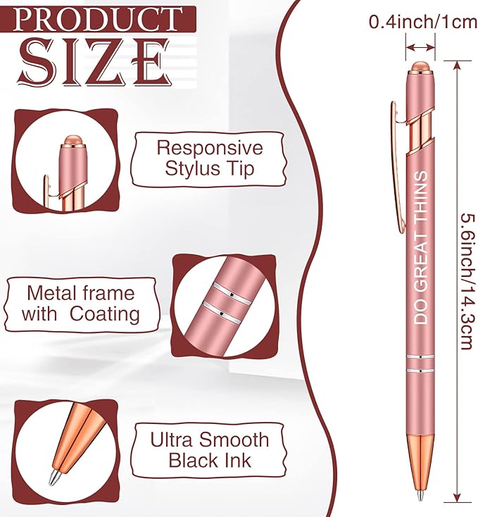 Zonon 12 Pcs Inspirational Pens Bulk Funny Ballpoint Pen with Stylus Tip Motivational Gifts for Valentine's Day Teacher Coworkers Nurse School Office Supplies(Rose Gold,Motivational Style)