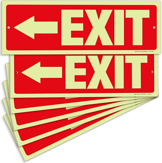 iSYFIX Exit Signs with Directional Left Arrow - 6 Pack 12x4 Inch Glow in the Dark for Business, School, Office, Warehouse - Durable 40 Mil Polystyrene, UV Laminated, Waterproof, Scratch & Fade Resistant