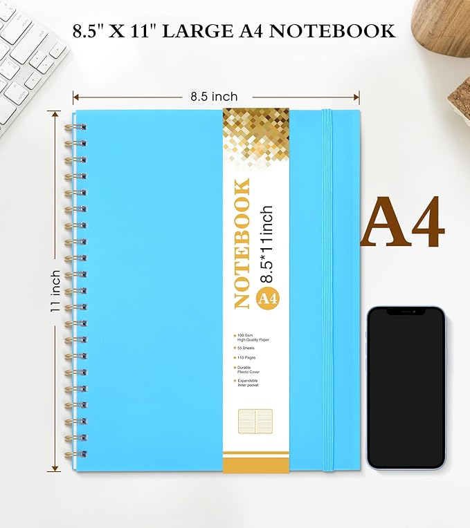 UEBZFOCS Spiral Notebook Journal 8.5” x 11”, Lined Notebooks for Women Men, A4 Large College Ruled Journal, 100 GSM Paper, Plastic Hardcover Spiral Bound Journals for Work School Business, Blue
