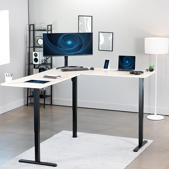 VIVO Electric Corner 75 x 63 inch L-Shaped Standing Desk, Memory Height Adjustment, Light Wood Top Black Frame, DESK-E3CTBC-75