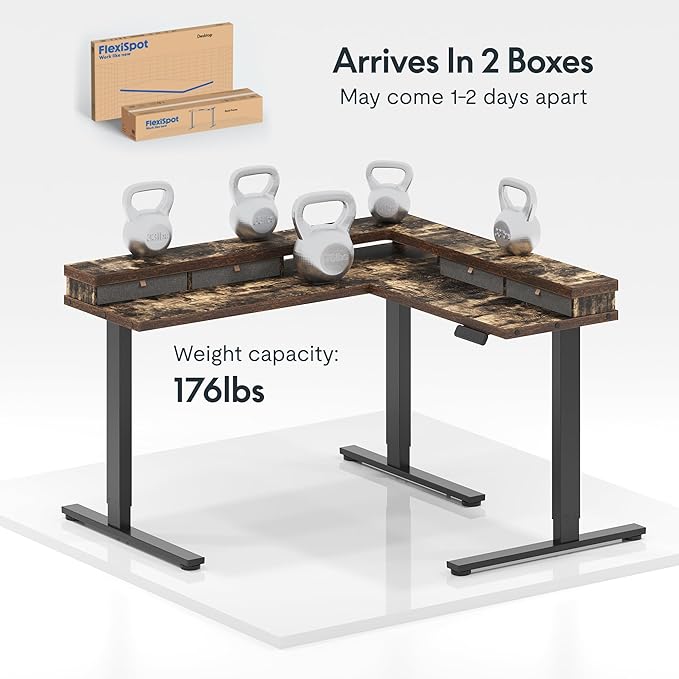 FLEXISPOT 71'' L Shaped Standing Desk Electric Corner Table with Shelf, 4 Storage Drawers, Adjustable Computer Workstation for Home, Office, Game, Studio, Rustic Brown Top + Black Frame