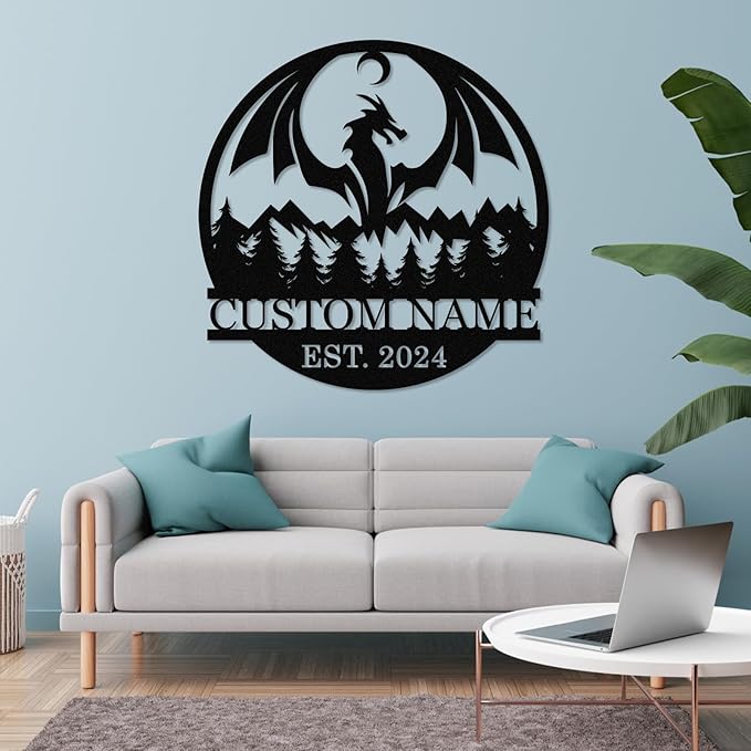 Dyoart Personalized Dragons Metal Signs - Custom Metal Dragon Wall Decor, Metal Name Sign, Black Western Dragons Metal Wall Art, Evil Dragons Signs Gift, Outdoor Metal Wall Art, Letter Wall Decor