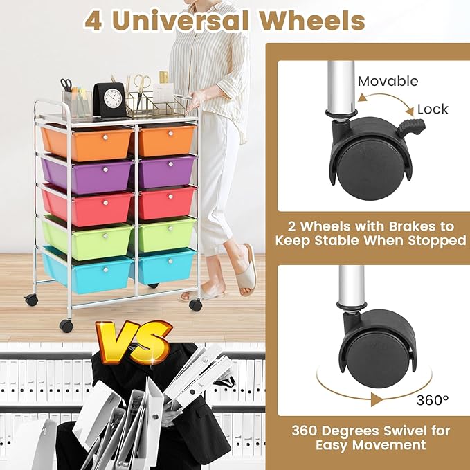 HAPPYGRILL 10-Drawer Rolling Storage Cart, Storage Organizer Cart with Lockable Wheels, Beauty Salon Movable Utility Cart for School, Office, Home, (Colorful)
