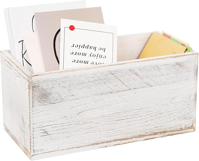 ExoLiry Rustic White Washed Wood Mail Box Storage Holder File Organizer Tabletop Wooden Basket Letter Script Design Envelope Folder Decorative Container Desk Home Office Entryway Bedroom Living Room