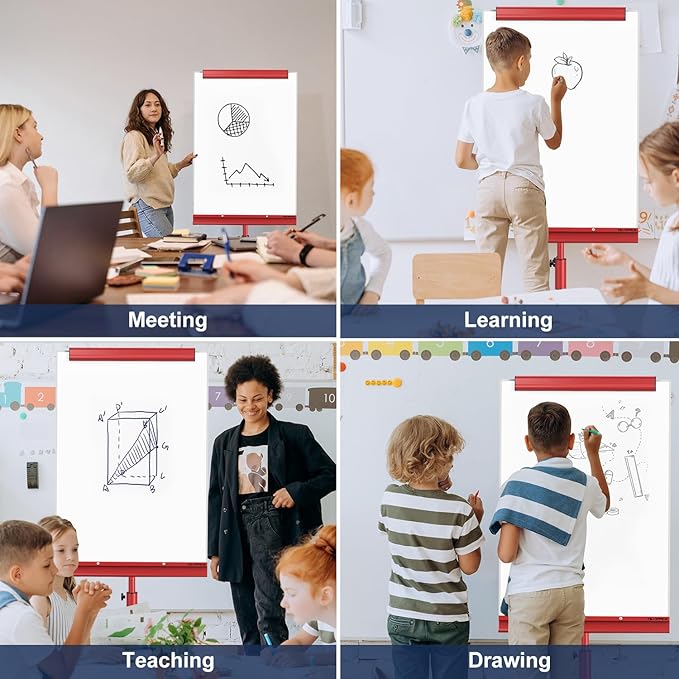 TSJ OFFICE Rolling Whiteboard Standing - 40 x 26 Inches Magnetic Mobile White Board with Stand, Height Adjustable Dry Erase Board on Wheels with Paper Clamp on Top, Red