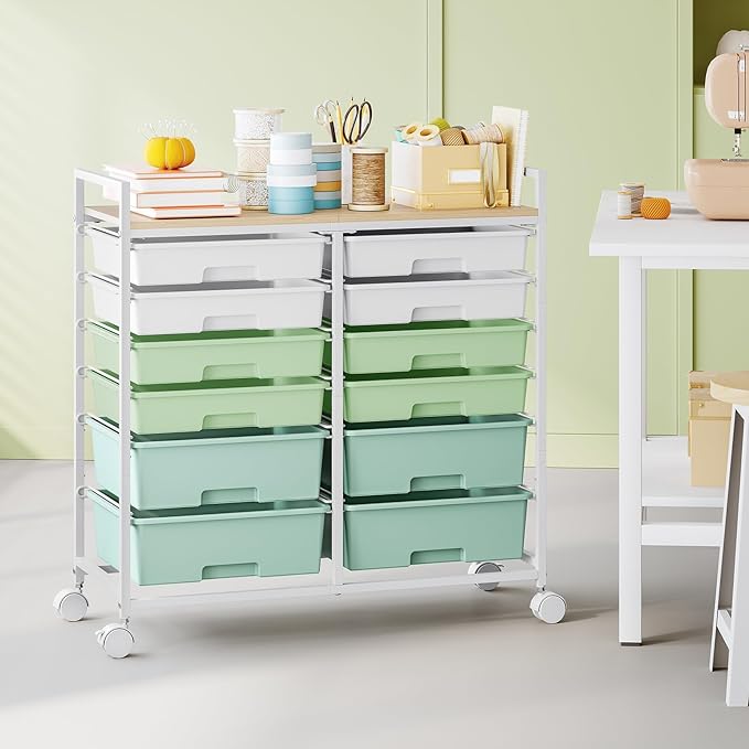 Rolling Storage Cart with 12 Drawers, Wooden Tabletop Utility Cart for Craft Storage, Art Supply Storage & Home Office Organization, Teacher Cart with Wheels for Classroom Organization, School (Green)