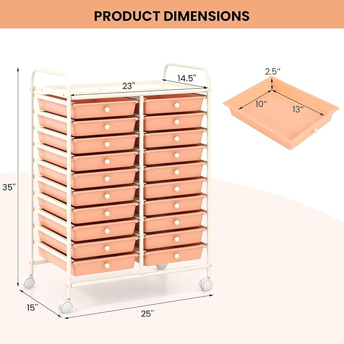 Happygrill 20-Drawer Organizer Cart Tools, Mobile Utility Storage Cart with Removable Drawers & Lockable Wheels, Rolling Storage Cart with wheels for Home Office School (Peach Fuzz)