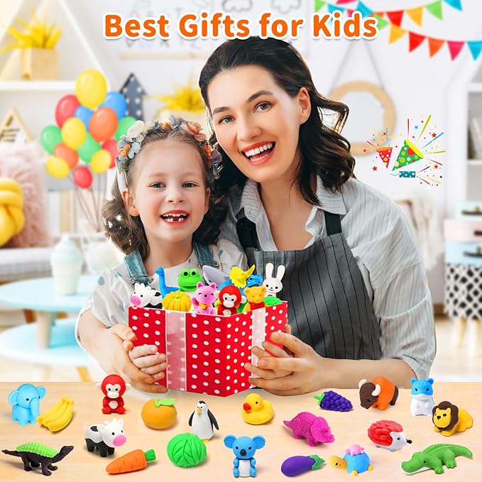 Arscniek 40 Pack 3D Puzzle Animal & Food Erasers for Kids, Take Apart Mini Pencil Erasers, Bulk Party Favors, Classroom Prizes, Treasure Box & Stocking Stuffers