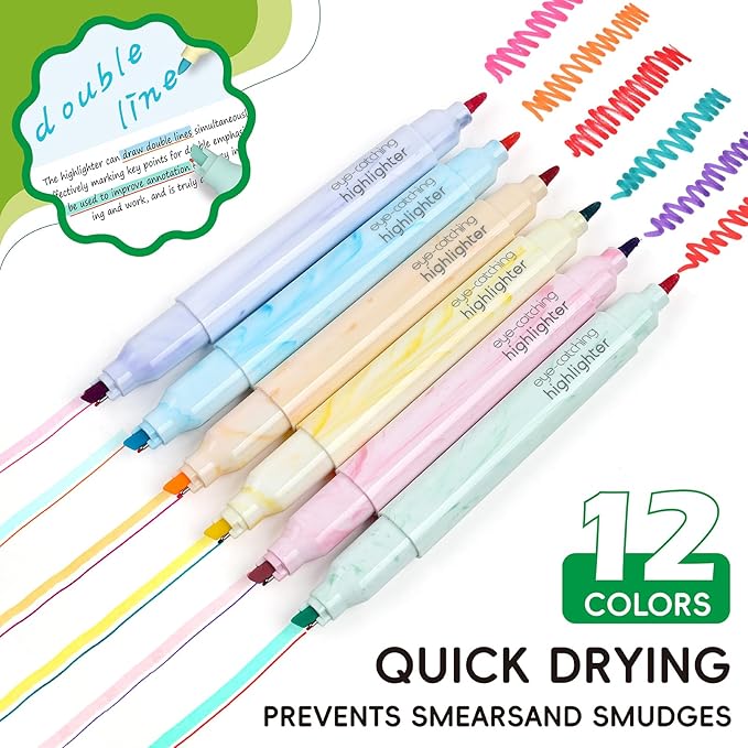 Techjob Aesthetic Highlighters 12 Pack Dual Tips,Double Line Highlighters Assorted Colors, Home and Office Use, Teacher Supplies, Ideal Highlighter for Organizing and Coloring