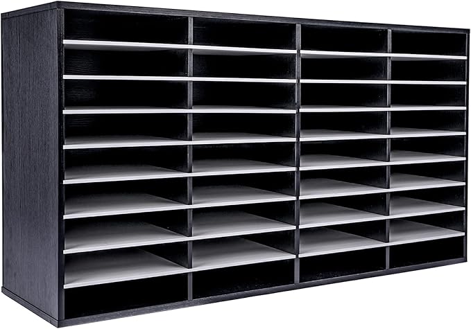 EasyPAG Wooden Literature Organizer with Adjustable Shelves, 36 Compartments Office Paper Organizer Storage 18000 Sheets Letter Size Paper, Student Mailbox for Classroom, Black/White