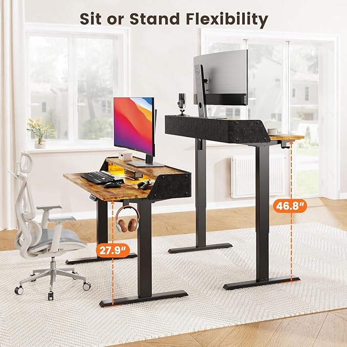 ErGear Standing Desk with LED Strip, 55″ x 28″ Electric Height Adjustable RGB Gaming Table with Shelf, Sit Stand Desk with Dual Cable Holes, C-Clamp Mount Compatible, 4 Preset Heights, Vintage Brown