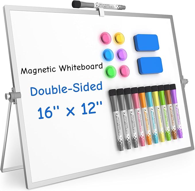 Grtard Dry Erase Magnetic White Board, 16''x12'' Double-Sided Desktop Whiteboard with Stand, Portable Small Whiteboard Set, Dry Erase Board for to-Do Lists, Planning & Office, Home