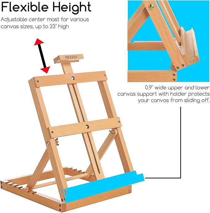 MEEDEN Heavy-Duty Tabletop Studio H-Frame Wooden Easel- Solid Beech Wood Adjustable Artists Desktop Wood Easel Table for Artist, Beginners & Teens- Holds Canvas Art up to 23" High