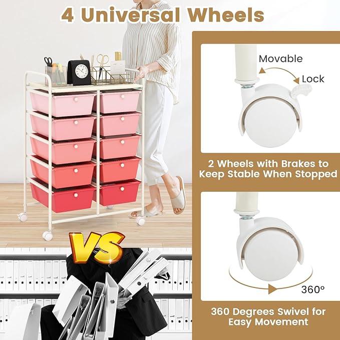 HAPPYGRILL 10-Drawer Rolling Storage Cart, Storage Organizer Cart with Lockable Wheels, Beauty Salon Movable Utility Cart for School, Office, Home, (Pink)