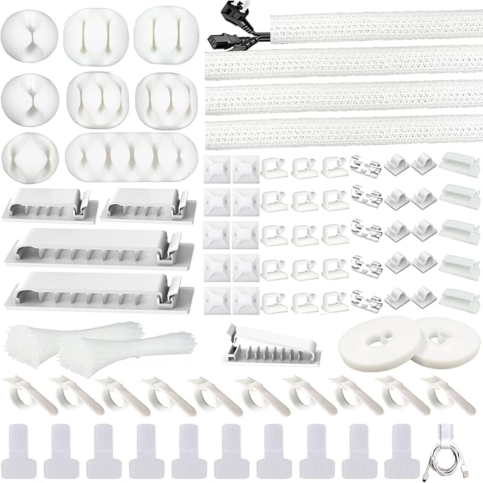 DRIVUU White Cable Management Organizer Kit 4 Cable Sleeve Split,47Cable Clips 12Cord Clips Holder,22 Cable Ties, 20 Adhesive Wall Cable Tie, 200Fasten Cable Ties for TV Electronics