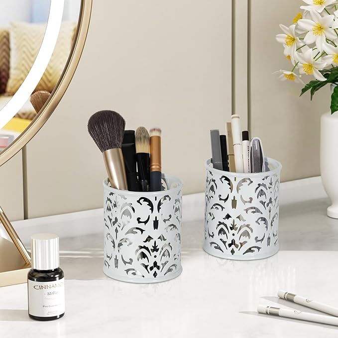 EasyPAG White Pen Holder for Desk, 2 Pack Round Pen Organizer, Brush Holder for Vanity, Metal Pencil Cup Organizer for Home, Office, Classroom, School