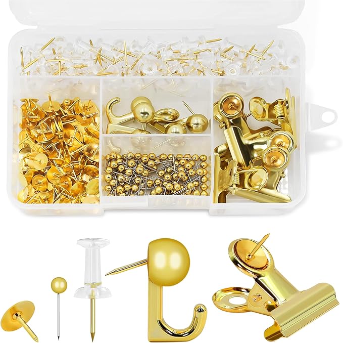 Gold Push Pins Set, 310 Pcs Decorative Thumb Tacks for Cork Board with Push Pin Hooks & Clips, 5 Styles Office Pushpins Set in Storage Box for Bulletin Board, Maps, Photos, Notes