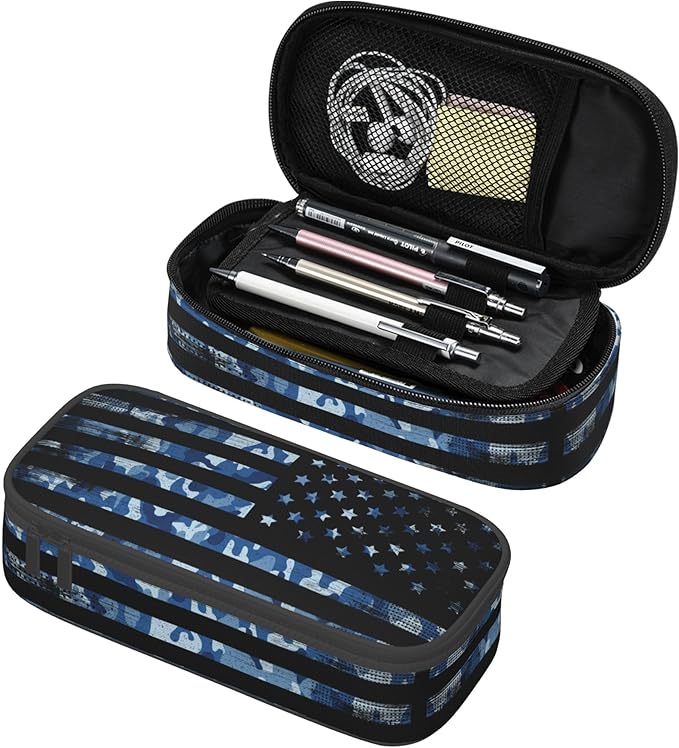 YIJIUWKIS American Flag Style Pencil Case for Kids Adults, Camo Pencil Box for Boys Girls, Blue Pencil Pouch Big Capacity Portable Stationery Storage Desk Pen Bag for School Office