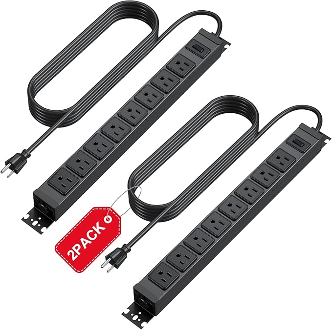 HHSOET 2 Pack Metal 360° Rotating Mountable Power Strip, 8 Outlet Gaming Table Mounted Long Power Strip, Heavy Duty Wall Mount Surge Protector with Switch, 15A 125V 1875W, 3ft Power Cord.(Black)