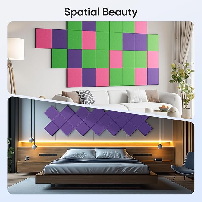 UNECHO 12 Pack 12" X 12" X 0.4" Acoustic Panels for Wall Sound Absorbing, Square Self-Adhesive Sound Panel, High Density Suitable for Multiple Scenarios(Violet)