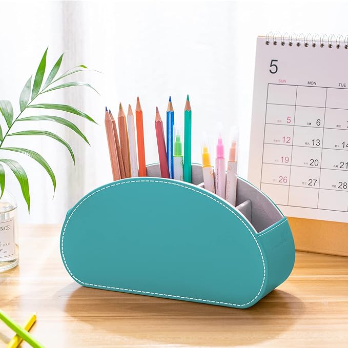 Remote Control Holders Organizer Box with 5 Compartment PU Leather Multi-functional Office Desk Storage Caddy Store Tv Remote for Media Player,Brush,Pencil,Glassees&Office Supplies (Lake Blue)